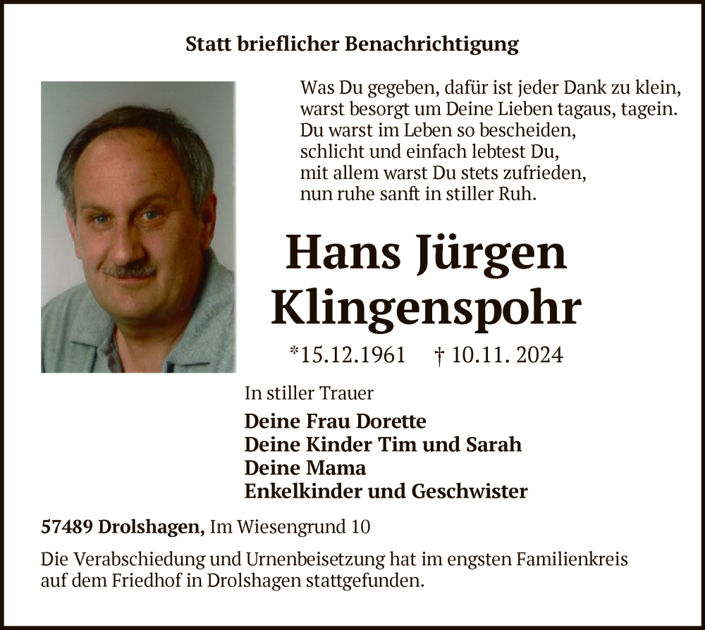  Traueranzeige für Hans Jürgen Klingenspohr vom 23.11.2024 aus WA