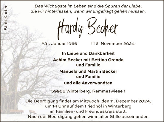 Traueranzeige von Hardy Becker von WA