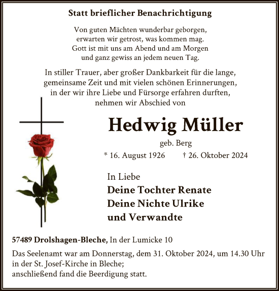 Traueranzeige von Hedwig Müller von WA