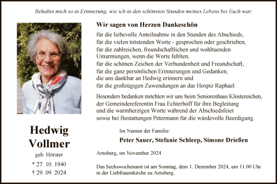 Traueranzeige von Hedwig Vollmer von WA