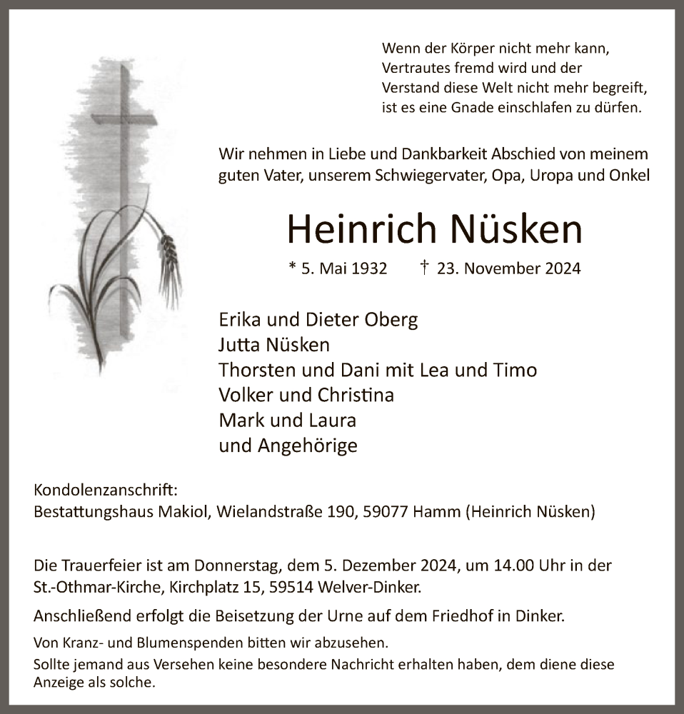  Traueranzeige für Heinrich Nüsken vom 30.11.2024 aus WA