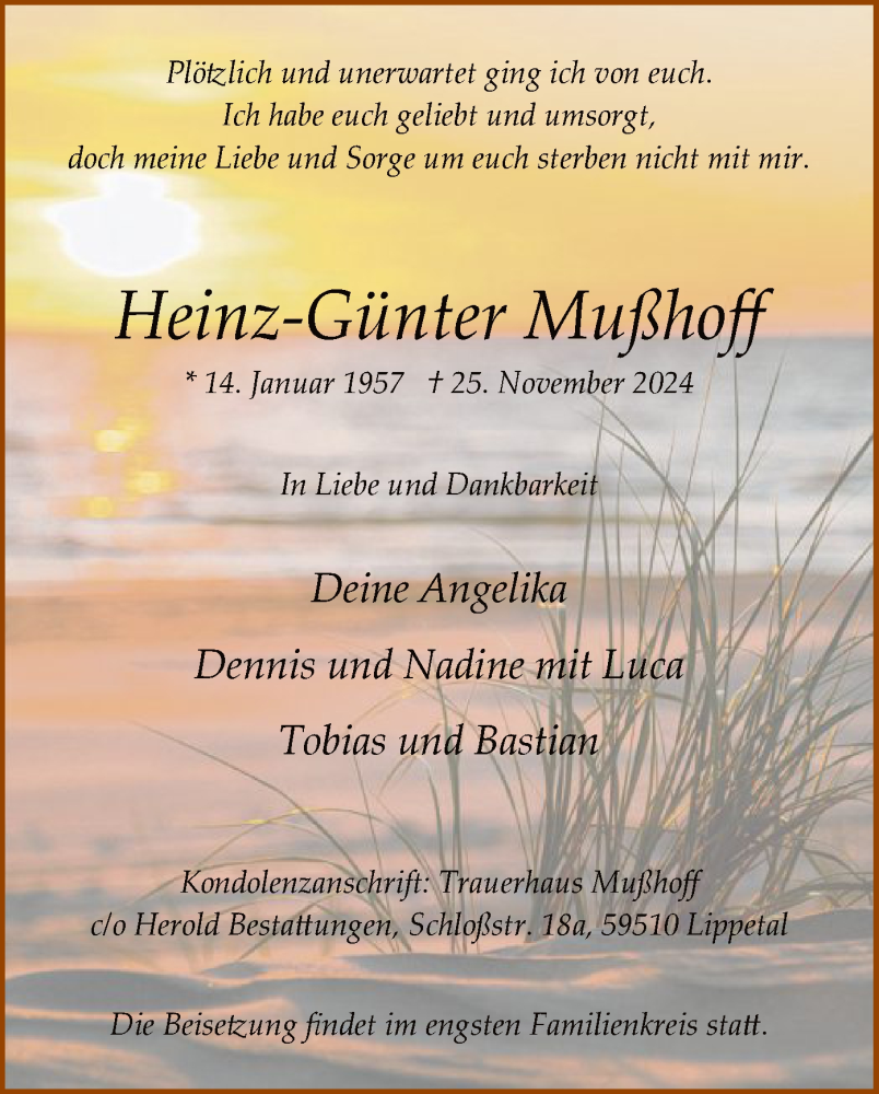  Traueranzeige für Heinz-Günter Mußhoff vom 30.11.2024 aus WA