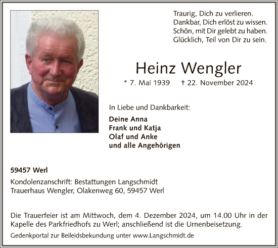 Traueranzeige von Heinz Wengler von WA