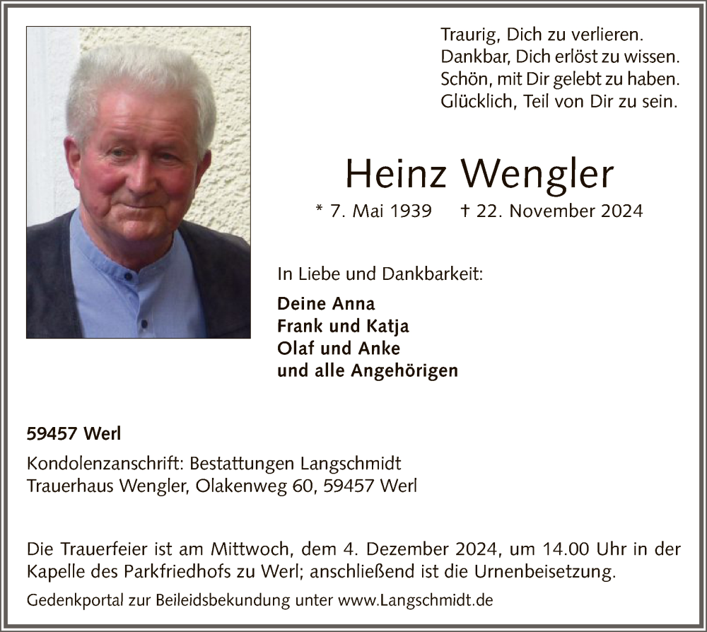  Traueranzeige für Heinz Wengler vom 30.11.2024 aus WA