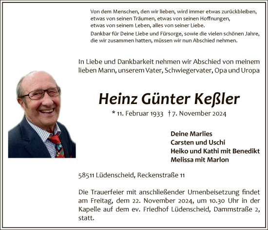 Traueranzeige von Heinz Günter Keßler von WA