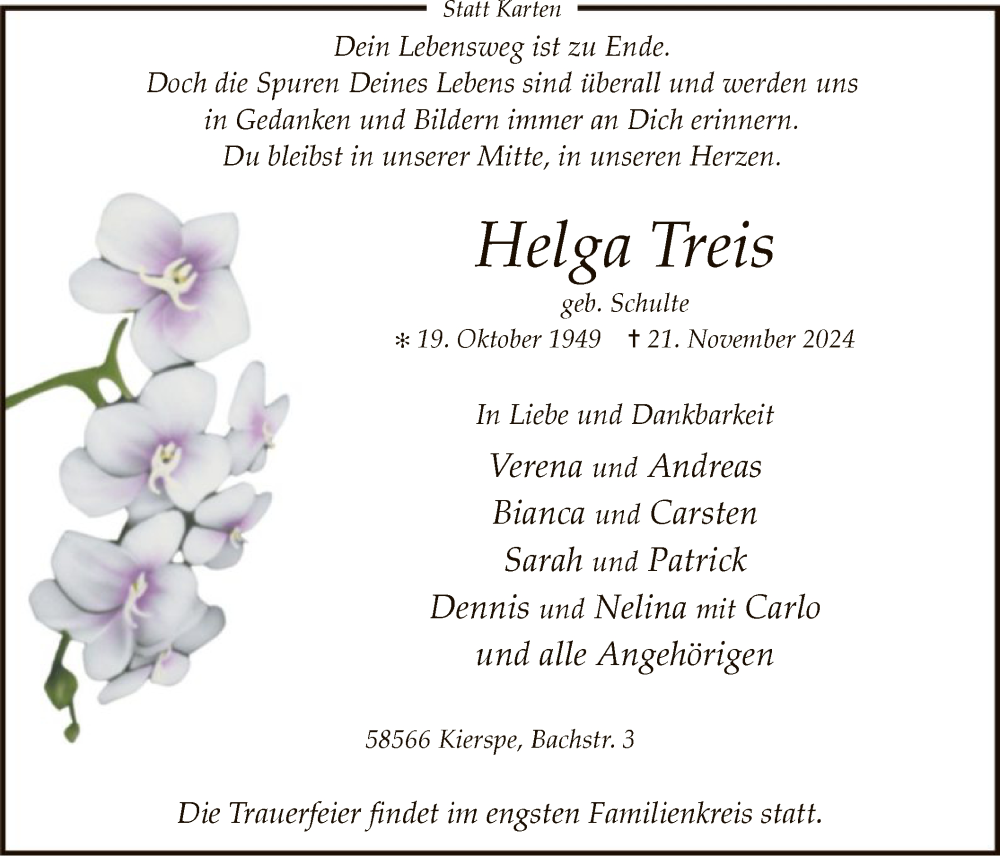  Traueranzeige für Helga Treis vom 30.11.2024 aus WA
