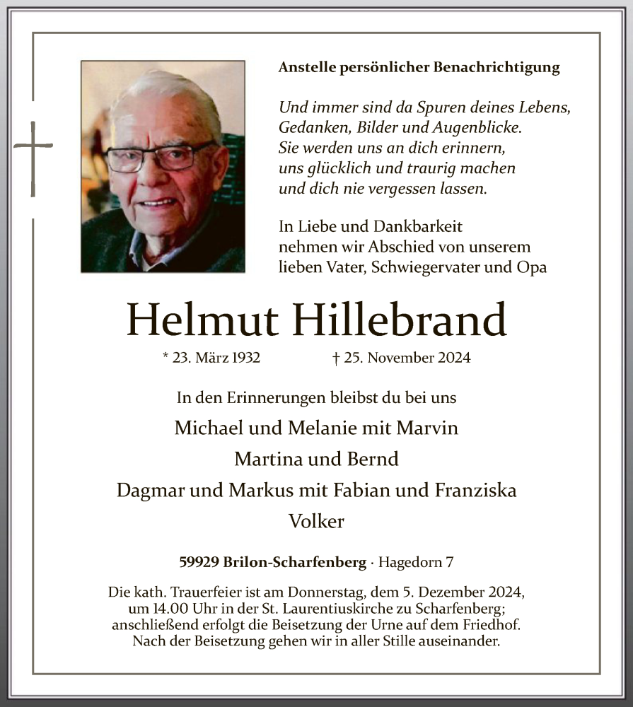  Traueranzeige für Helmut Hillebrand vom 30.11.2024 aus WA