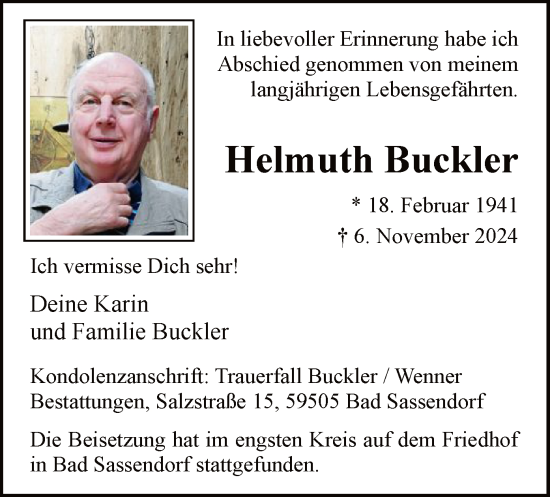Traueranzeige von Helmuth Buckler von WA