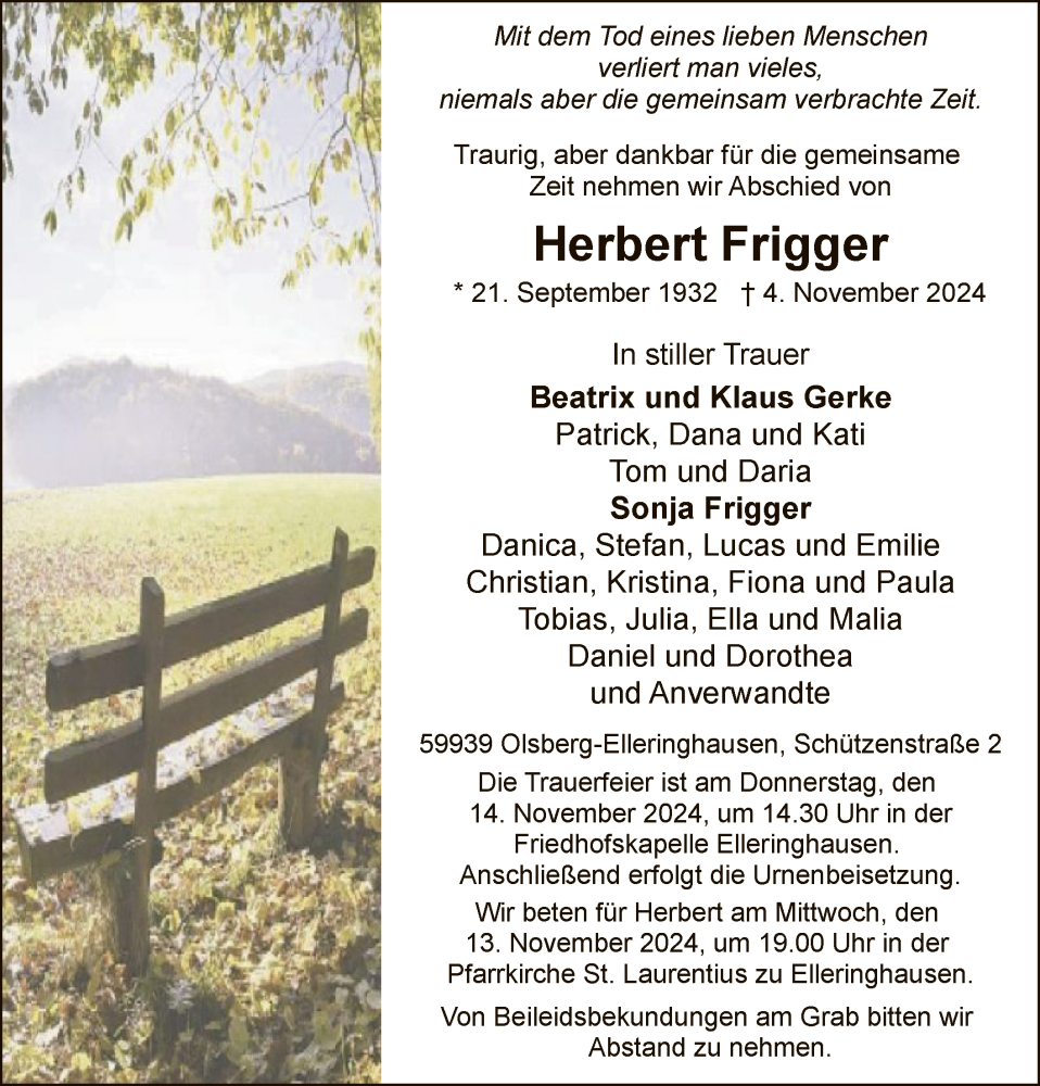  Traueranzeige für Herbert Frigger vom 09.11.2024 aus WA