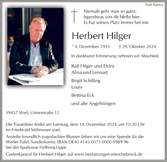Traueranzeige von Herbert Hilger von WA