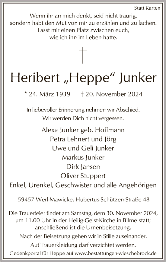 Traueranzeige von Heribert Junker von WA