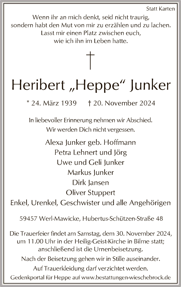  Traueranzeige für Heribert Junker vom 23.11.2024 aus WA