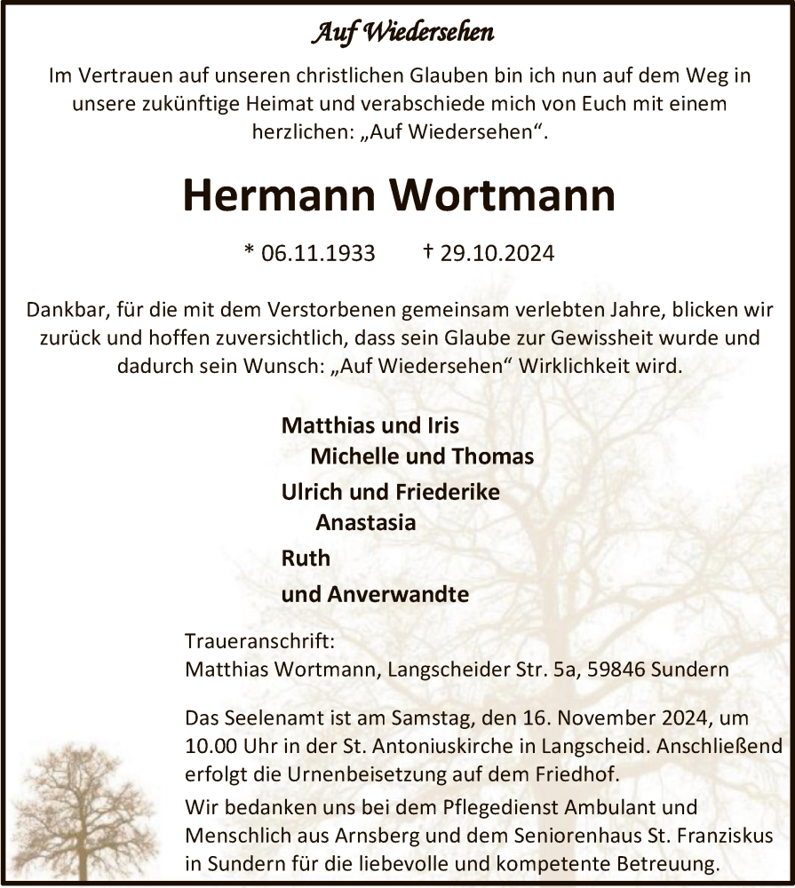  Traueranzeige für Hermann Wortmann vom 09.11.2024 aus WA