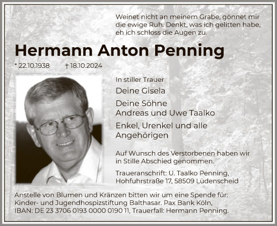 Traueranzeige von Hermann Anton Penning von WA