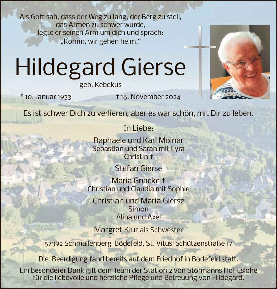  Traueranzeige für Hildegard Gierse vom 23.11.2024 aus WA