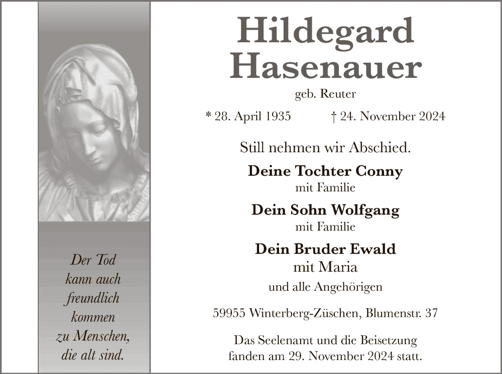  Traueranzeige für Hildegard Hasenauer vom 30.11.2024 aus WA