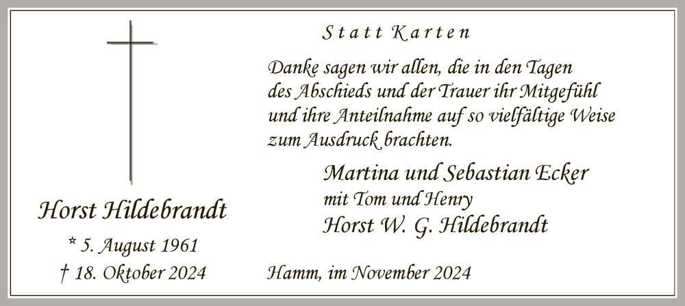  Traueranzeige für Horst Hildebrand vom 27.11.2024 aus WA