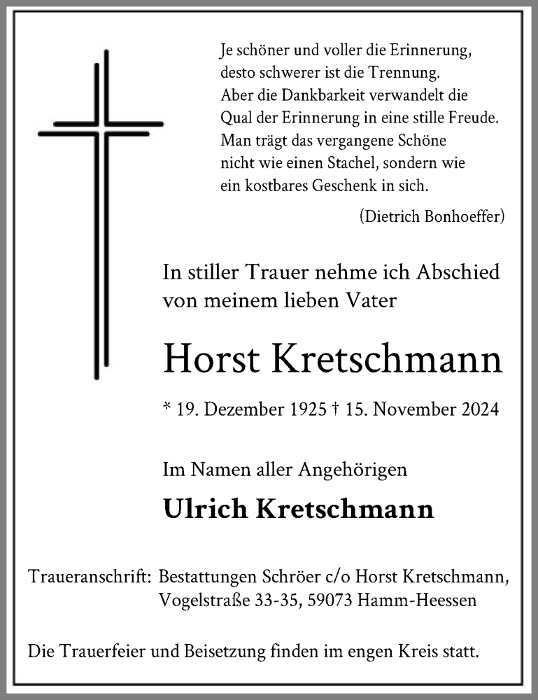  Traueranzeige für Horst Kretschmann vom 25.11.2024 aus WA