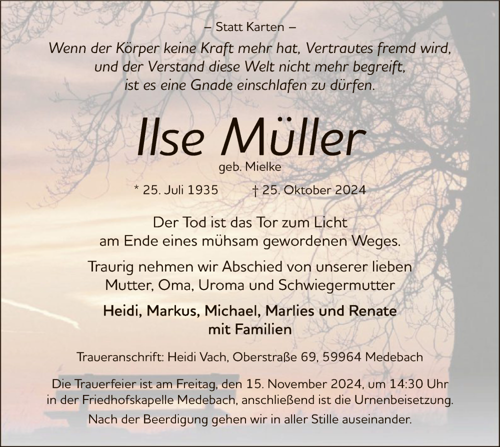  Traueranzeige für Ilse Müller vom 09.11.2024 aus WA