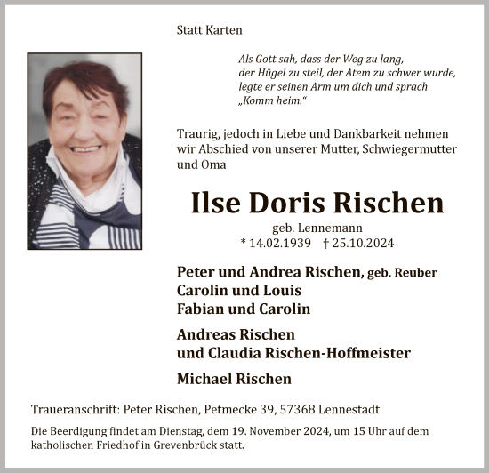 Traueranzeige von Ilse Doris Rischen von WA