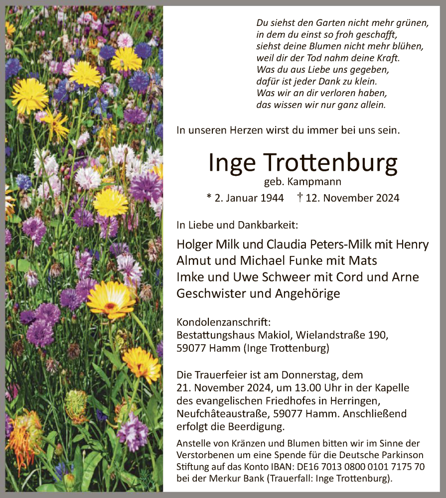  Traueranzeige für Inge Trottenburg vom 16.11.2024 aus WA