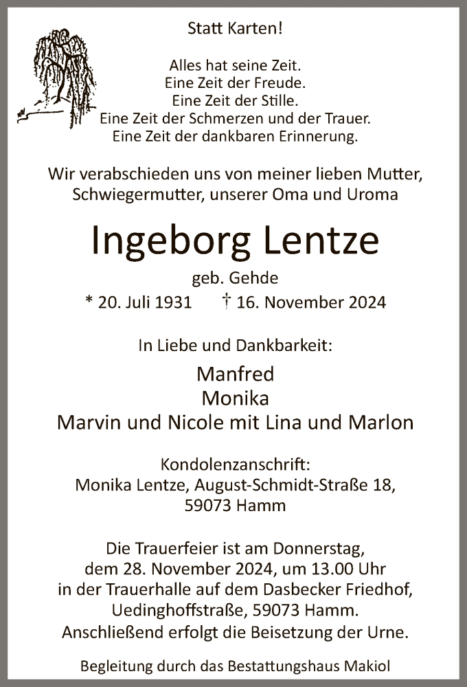  Traueranzeige für Ingeborg Lentze vom 23.11.2024 aus WA