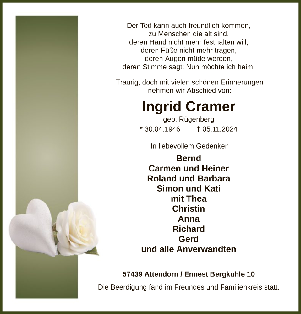  Traueranzeige für Ingrid Cramer vom 16.11.2024 aus WA