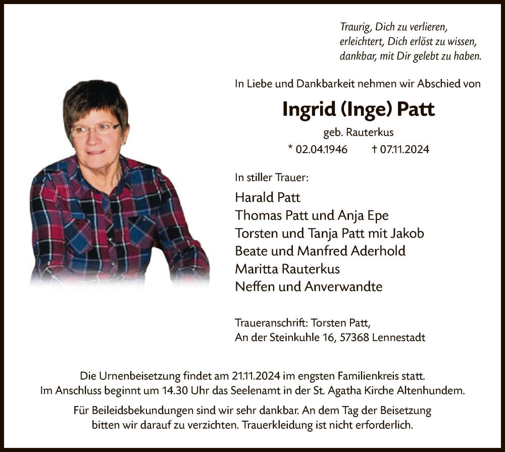  Traueranzeige für Ingrid Patt vom 16.11.2024 aus WA