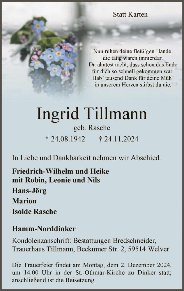  Traueranzeige für Ingrid Tillmann vom 27.11.2024 aus WA