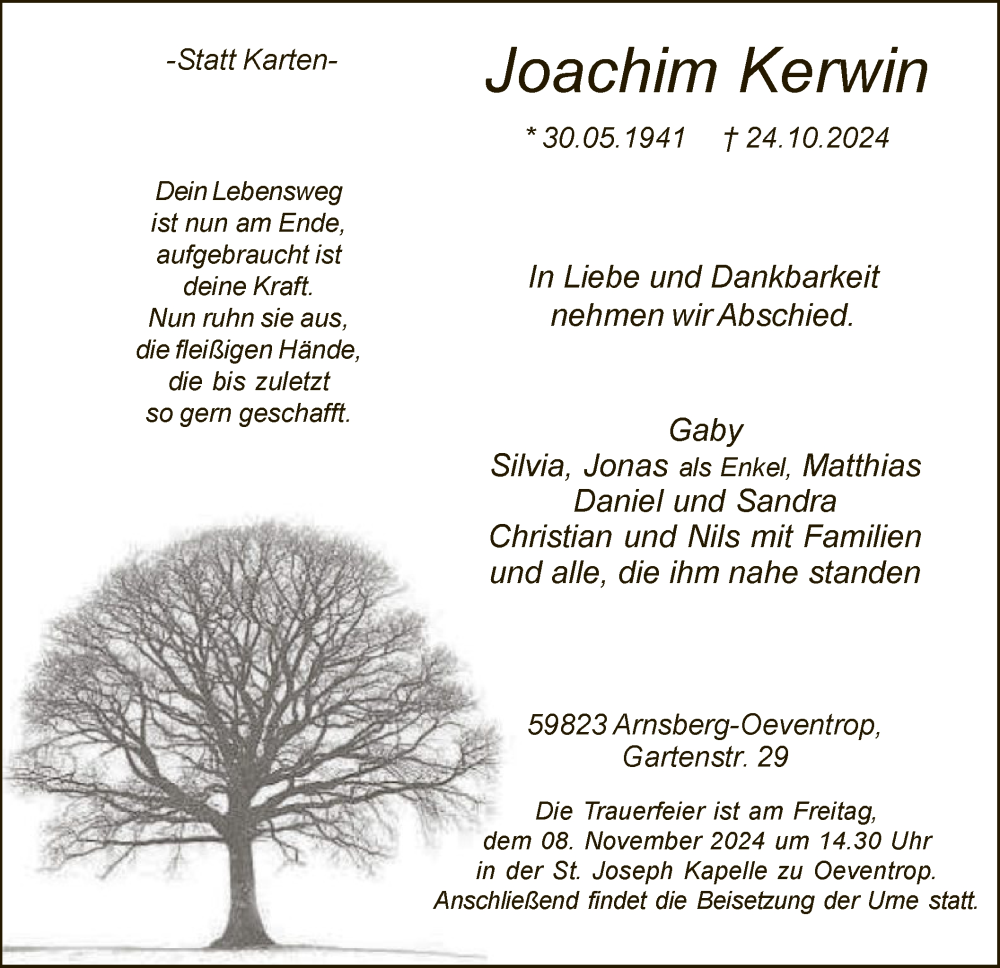  Traueranzeige für Joachim Kerwin vom 02.11.2024 aus WA