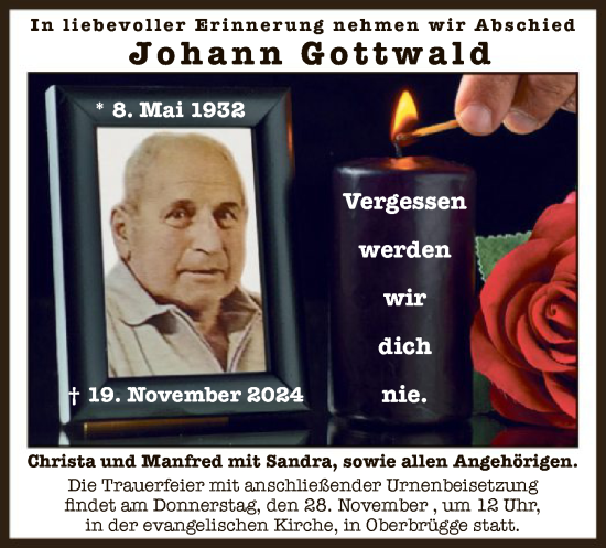 Traueranzeige von Johann Gottwald von WA