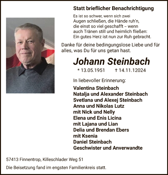 Traueranzeige von Johann Steinbach von WA