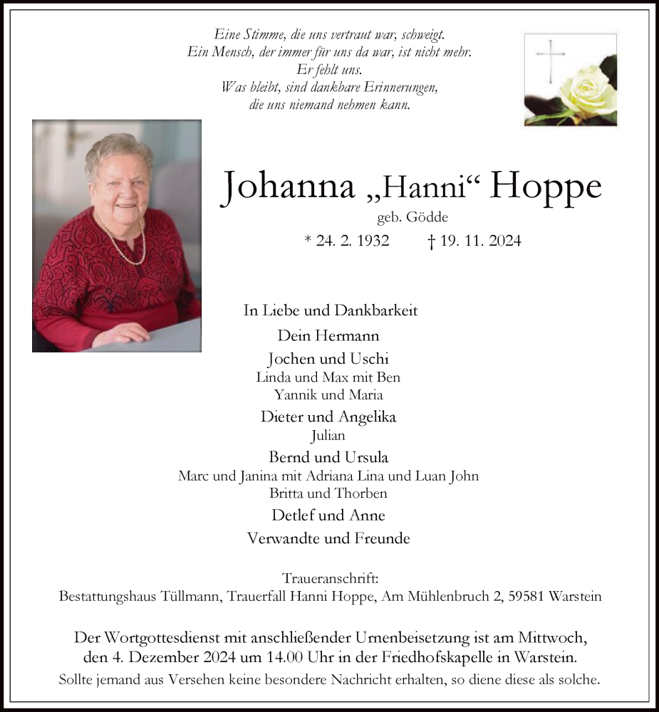  Traueranzeige für Johanna Hoppe vom 23.11.2024 aus WA