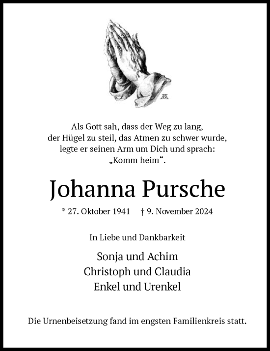 Traueranzeige von Johanna Pursche von WA