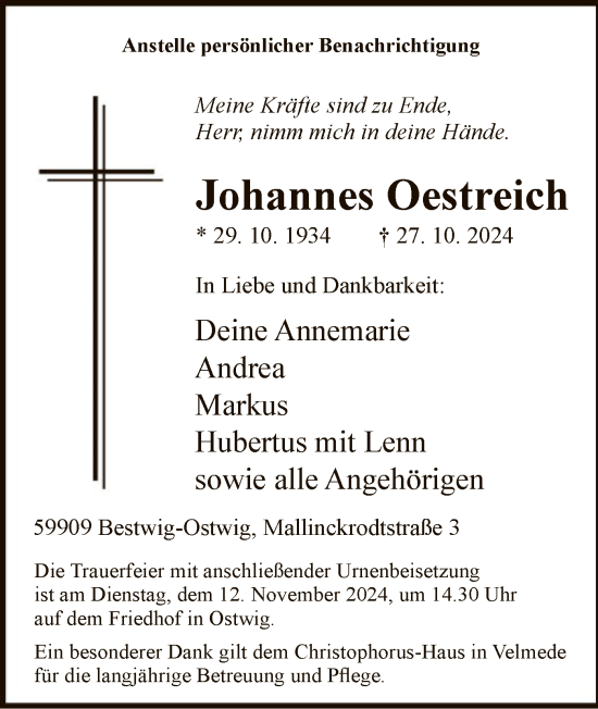 Traueranzeige von Johannes Oestreich von WA