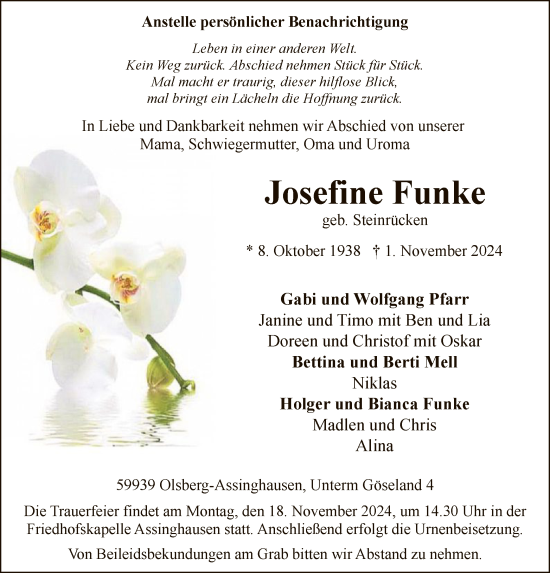 Traueranzeige von Josefine Funke von WA