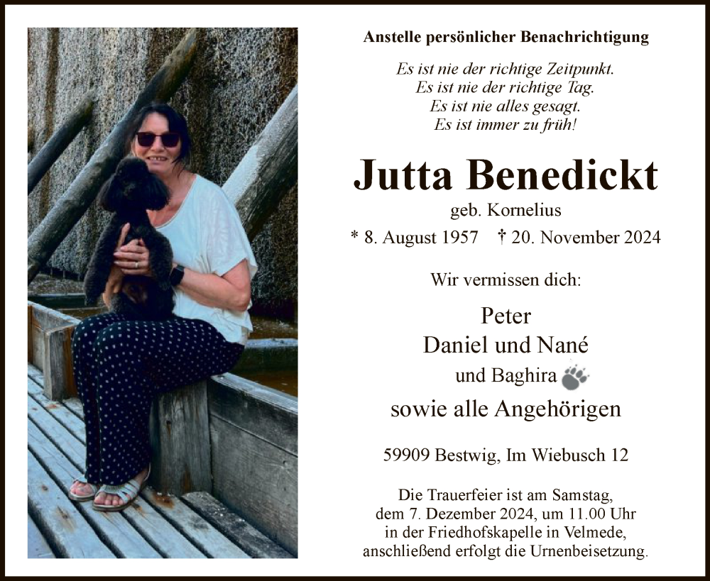  Traueranzeige für Jutta Benedickt vom 30.11.2024 aus WA
