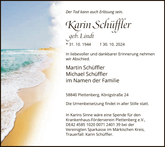Traueranzeige von Karin Schüffler von WA