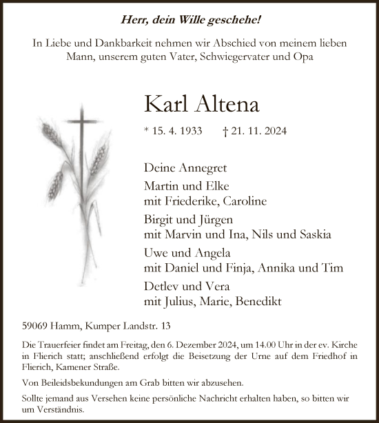 Traueranzeige von Karl Altena von WAWA