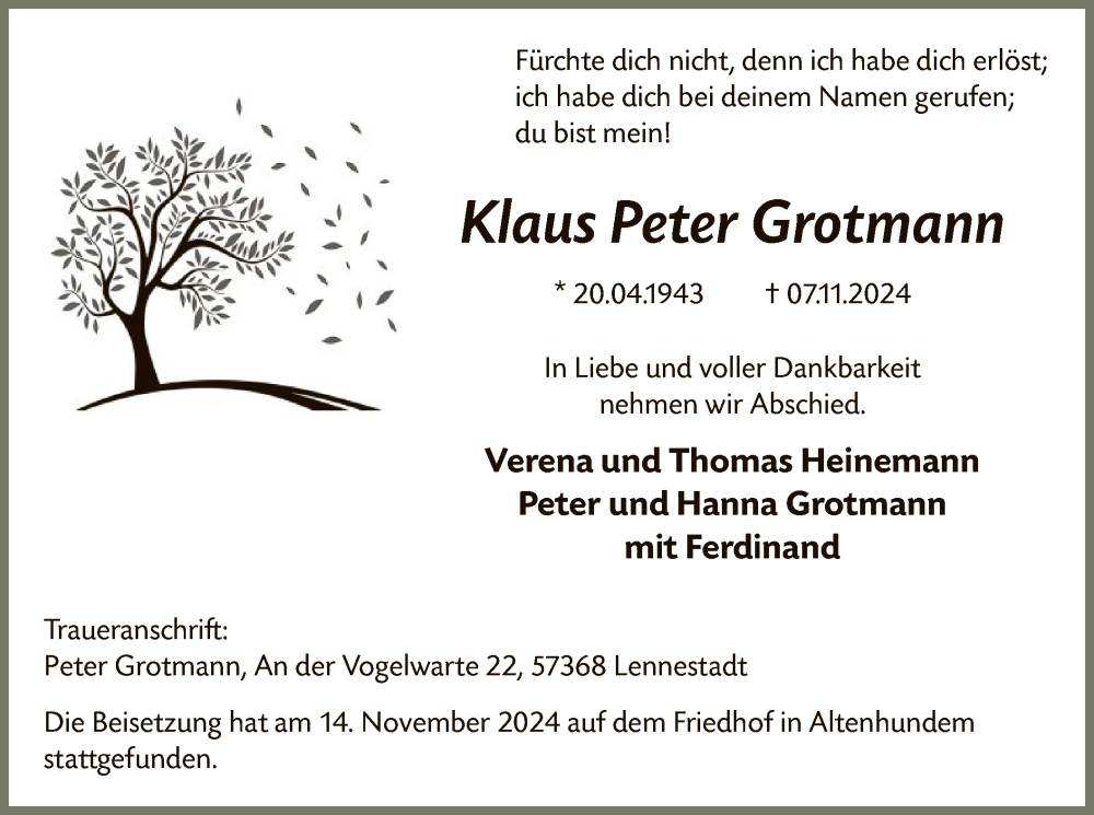  Traueranzeige für Klaus Peter Grotmann vom 16.11.2024 aus WA