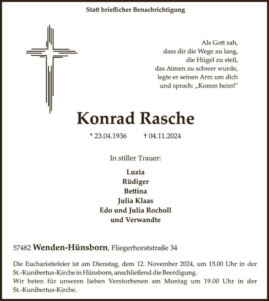  Traueranzeige für Konrad Rasche vom 09.11.2024 aus WA
