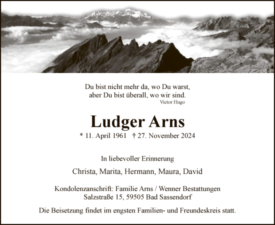 Traueranzeige von Ludger Arns von WA