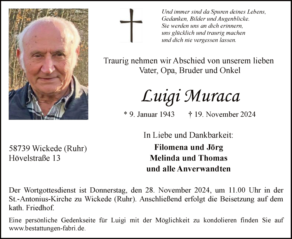  Traueranzeige für Luigi Muraca vom 23.11.2024 aus WA