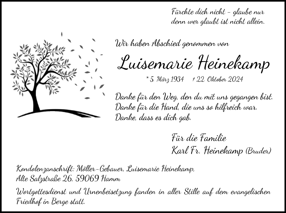  Traueranzeige für Luisemarie Heinekamp vom 16.11.2024 aus WA