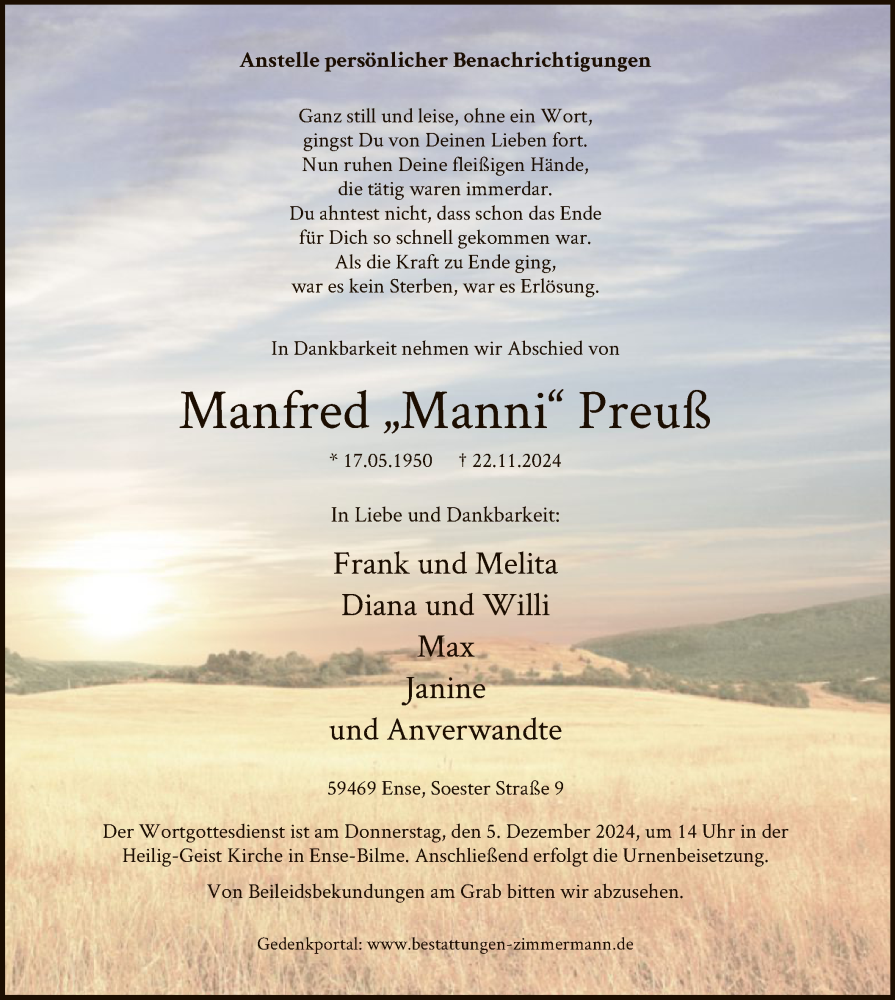  Traueranzeige für Manfred  Preuß vom 30.11.2024 aus WA