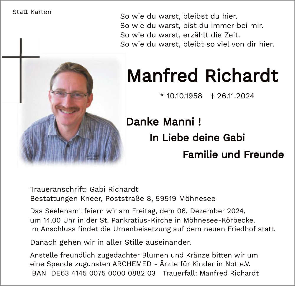  Traueranzeige für Manfred Richardt vom 30.11.2024 aus WA