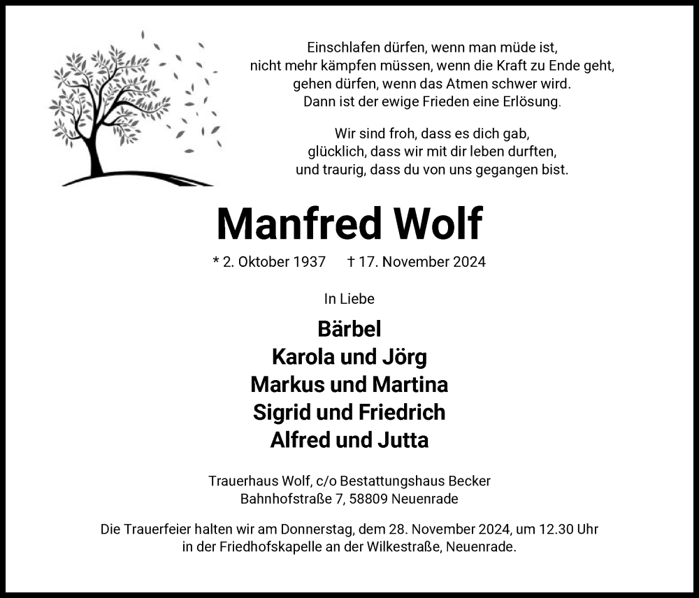  Traueranzeige für Manfred Wolf vom 23.11.2024 aus WA