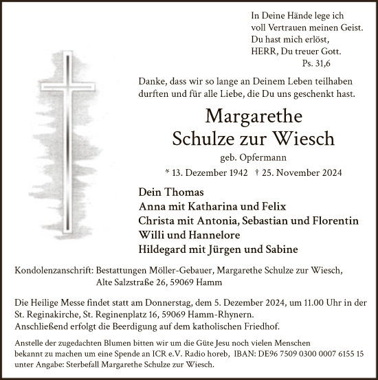 Traueranzeige von Margarethe Schulze zur Wiesch von WA