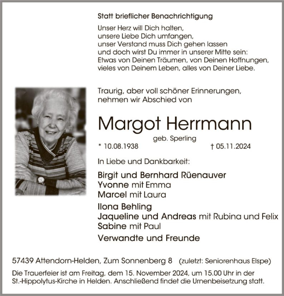  Traueranzeige für Margot Herrmann vom 09.11.2024 aus WA