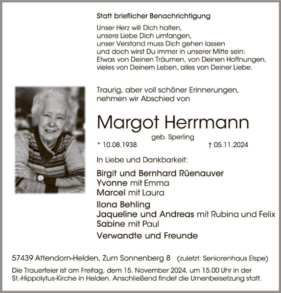 Traueranzeige von Margot Herrmann von WA